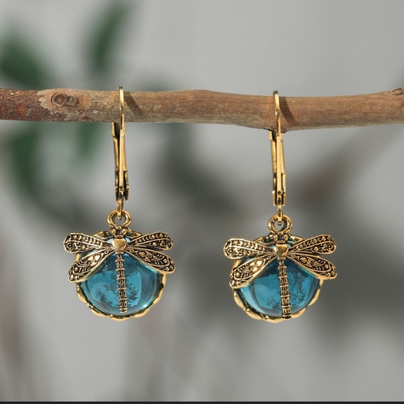 Elegant Gold and Blue glass Dragonfly Leverback Earrings - Picture 1 of 4